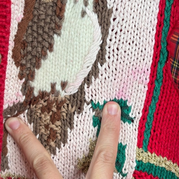 VTG 90s Xmas Cardigan P Patchwork Ugly Christmas Sweater Granny Bird Poinsettia - Picture 6 of 11